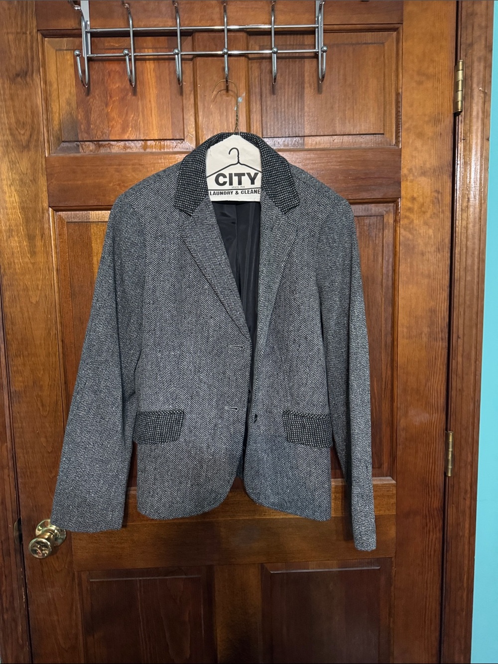 Talbots Gray Herringbone Blazer with Elbow Patches